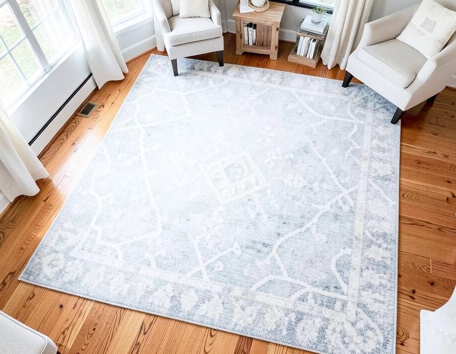 Clean patterned area rug on a hardwood floor